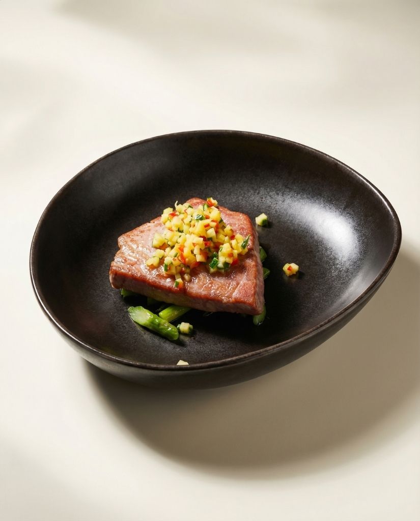 Ton roșu cu salsa de mango și sparanghel