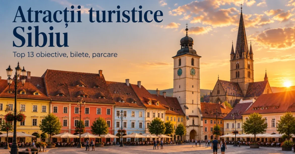 Piața Mare din Sibiu la apus, cu Turnul Sfatului și Catedrala Evanghelică