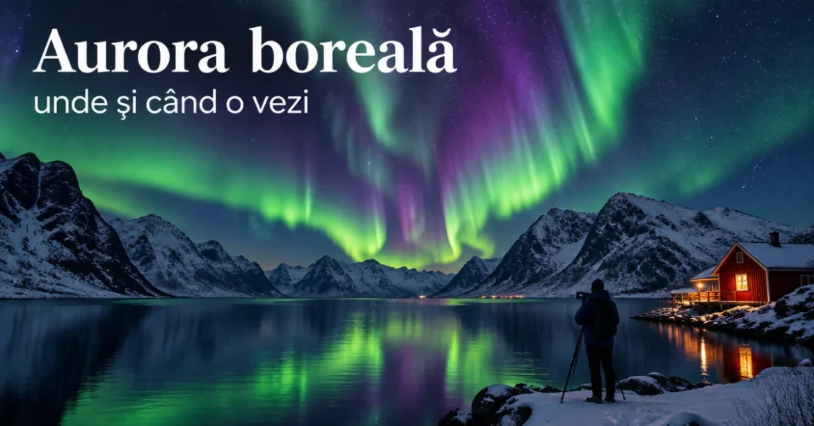 Aurora boreală deasupra unui fiord nordic, iarna