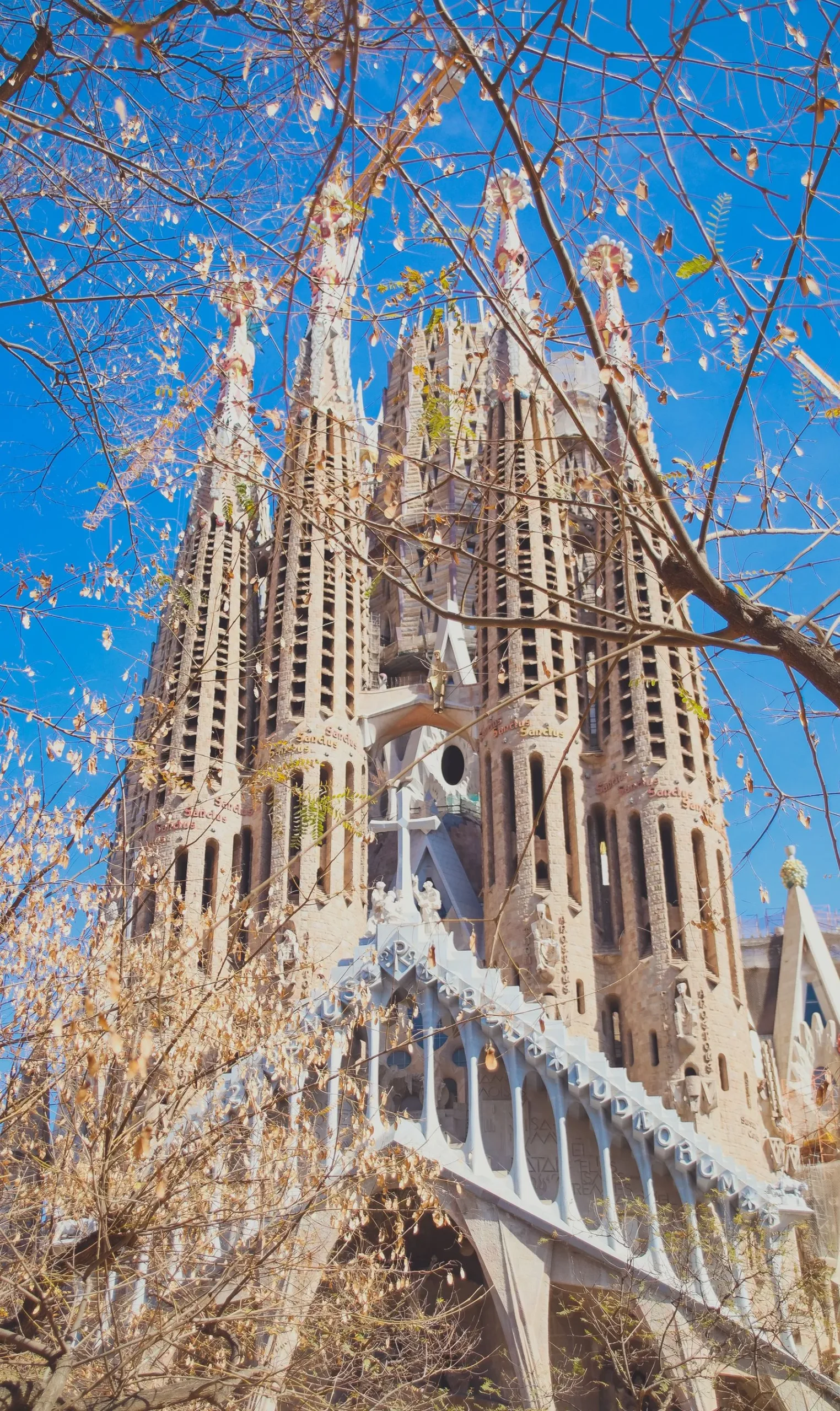 Turnurile bazilicii Sagrada Família din Barcelona pe cer senin