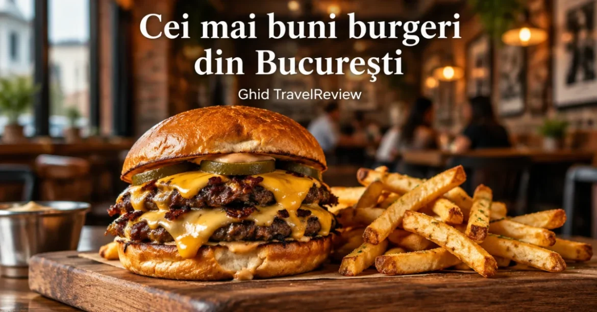 Burger dublu cu cheddar și cartofi prăjiți într-un bistro din București
