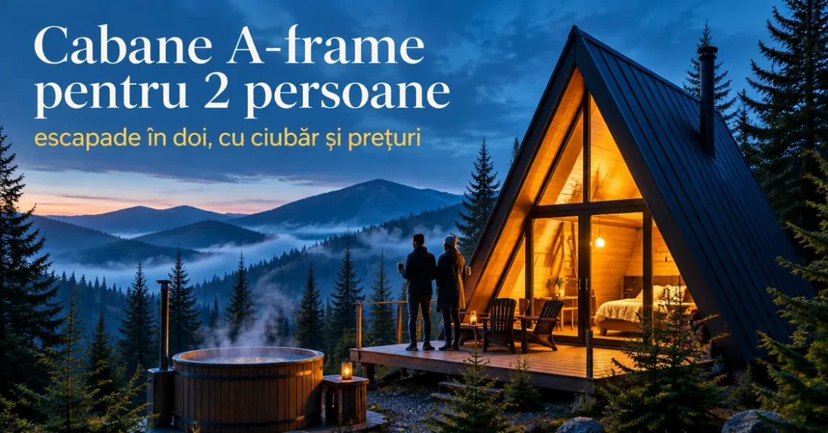 Cabană A-frame pentru două persoane la munte, cu ciubăr, cu titlul Cabane A-frame pentru 2 persoane