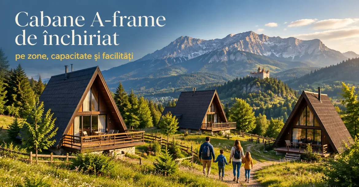Trei cabane A-frame pe un deal la munte, cu titlul Cabane A-frame de închiriat