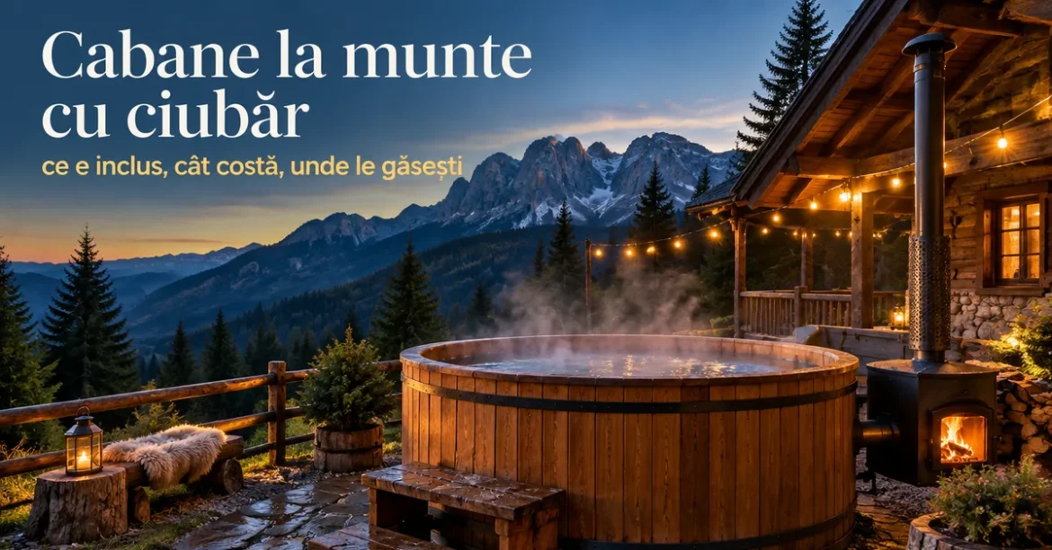 Ciubăr din lemn aburind lângă o cabană la munte, cu titlul Cabane la munte cu ciubăr