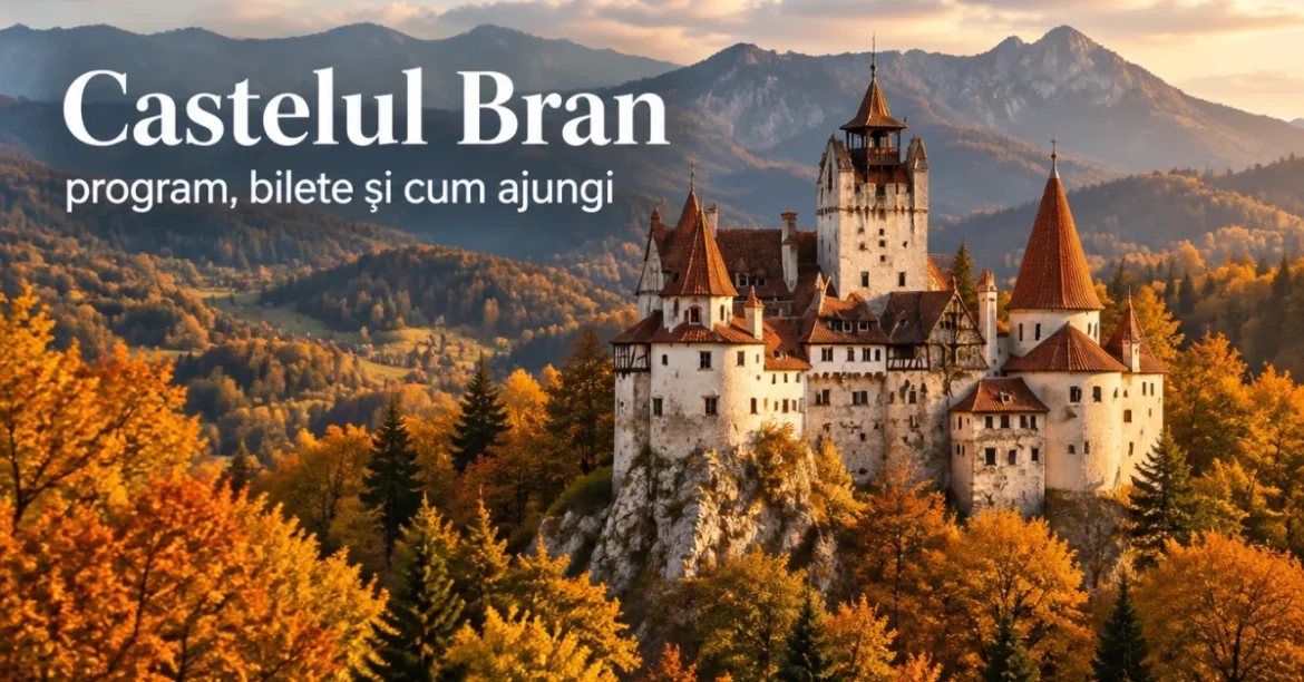 Castelul Bran pe stânca lui, înconjurat de păduri de toamnă