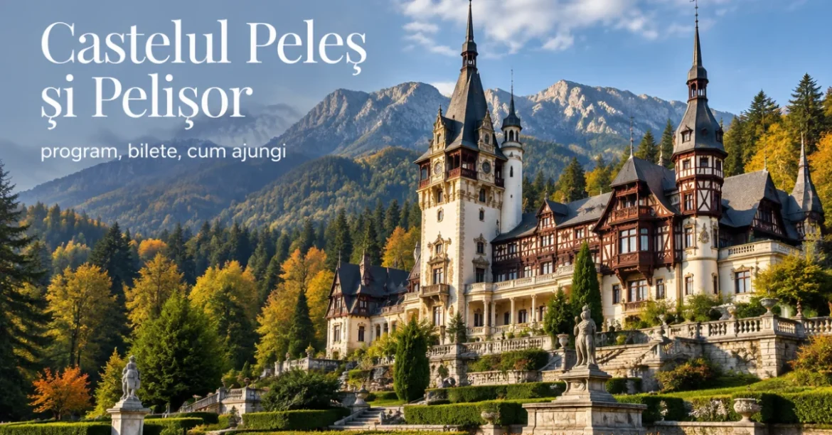 Castelul Peleș din Sinaia, cu terasele și Munții Bucegi în spate