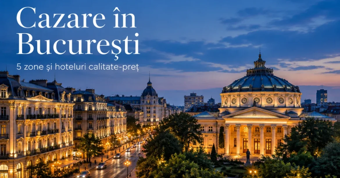 Ateneul Român și Calea Victoriei seara, cu hoteluri luminate, în București