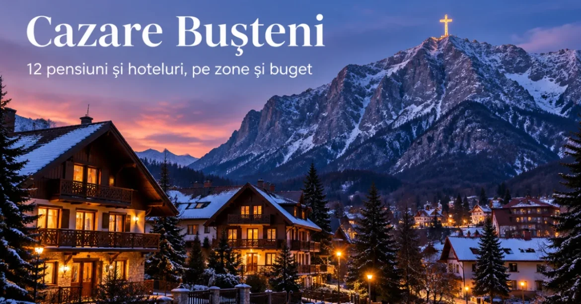 Pensiuni din Bușteni seara, cu Caraimanul și Crucea Eroilor în spate