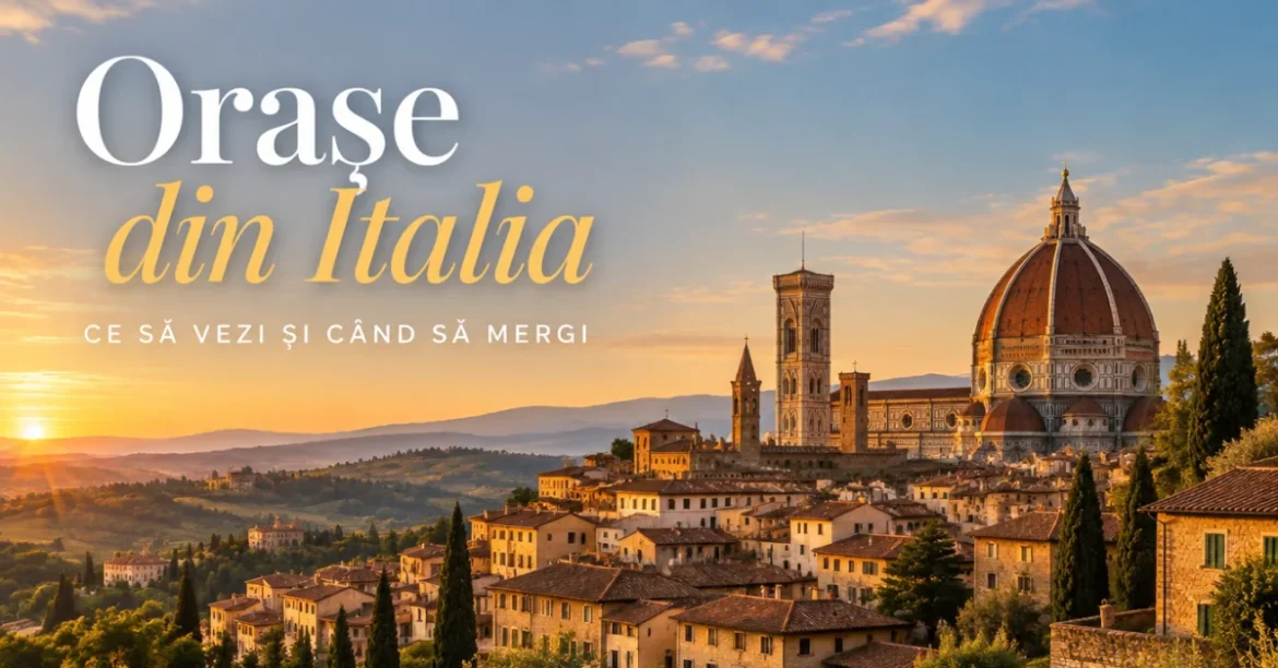 Orașe din Italia: oraș toscan cu acoperișuri de teracotă și cupolă renascentistă la apus