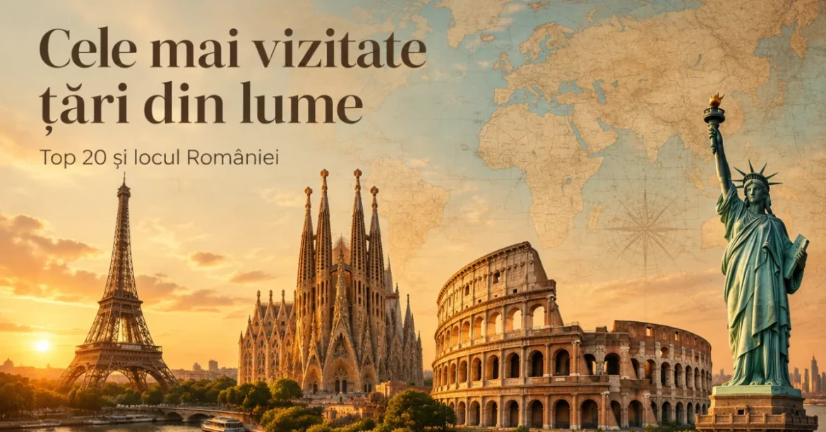 Turnul Eiffel, Sagrada Familia, Colosseumul și Statuia Libertății pe fundal de hartă a lumii