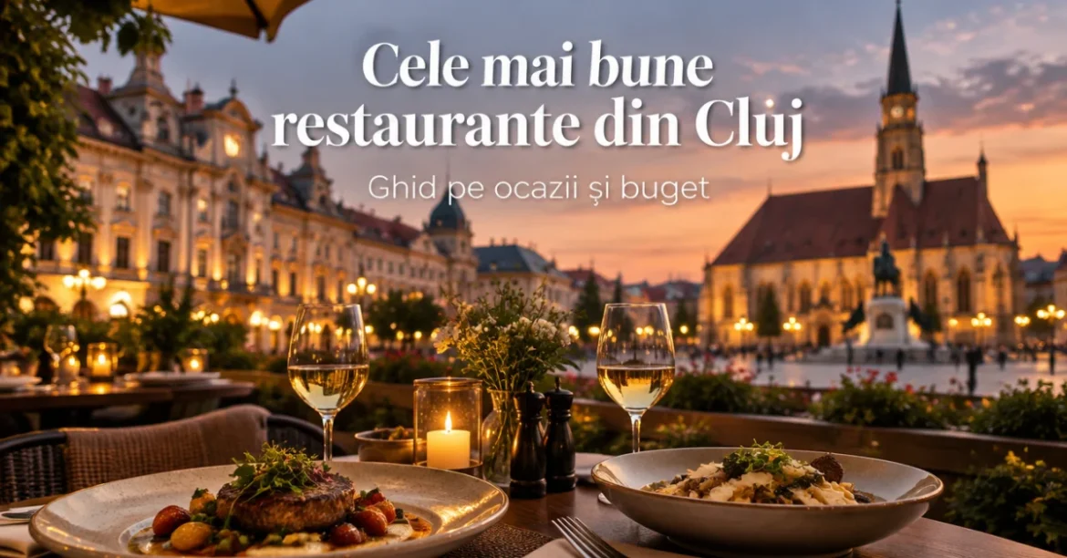 Terasă de restaurant seara în centrul Clujului, cu mese la lumina lumânărilor