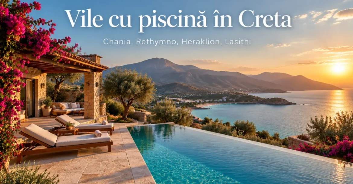 Vilă din piatră cu piscină infinity cu vedere spre mare în Creta