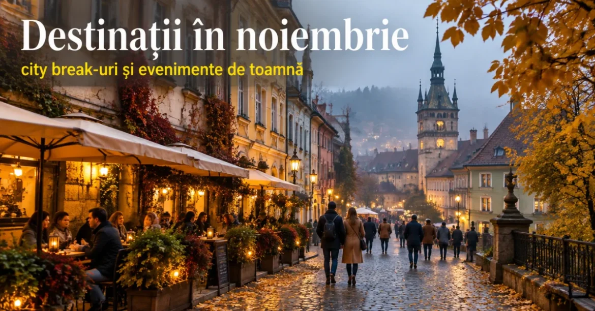 Destinații în noiembrie: stradă dintr-un oraș vechi european toamna, cu terase