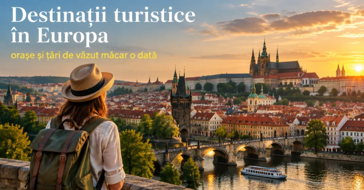 Destinații turistice în Europa: călător privind panorama unui oraș vechi