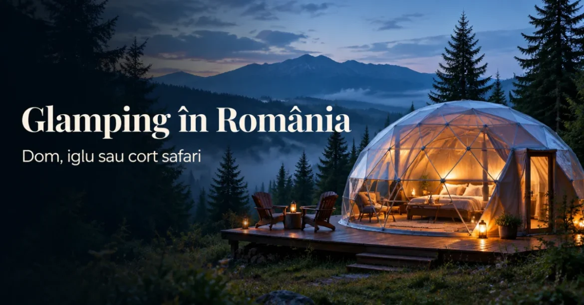 Glamping în România: dom geodezic luminat într-o poiană din Carpați