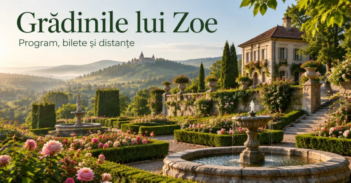 Grădinile lui Zoe din Banpotoc: terase cu trandafiri, fântână și vila în stil italian