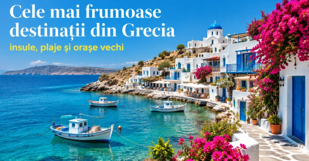 Cele mai frumoase destinații din Grecia: sat cu case albe deasupra unui golf turcoaz