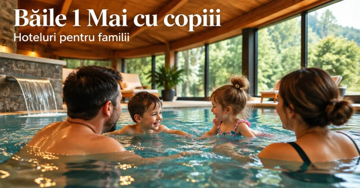 Familie cu copii în piscina termală, Băile 1 Mai