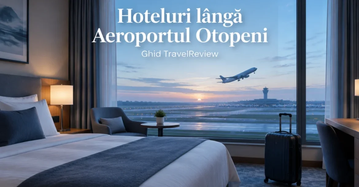 Cameră de hotel cu vedere spre pista unui aeroport, cu un avion la decolare