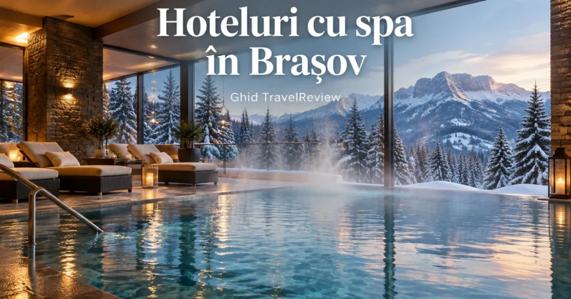Piscină interioară încălzită la un hotel cu spa din zona Brașov, cu vedere spre munți înzăpeziți