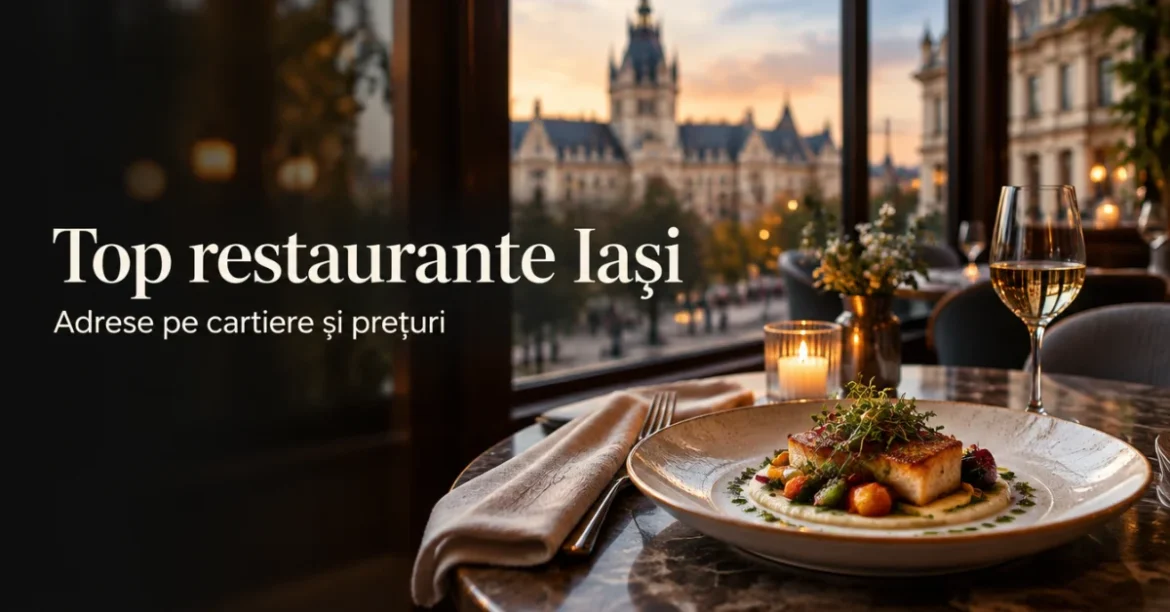 Top restaurante Iași: masă elegantă cu Palatul Culturii în fundal