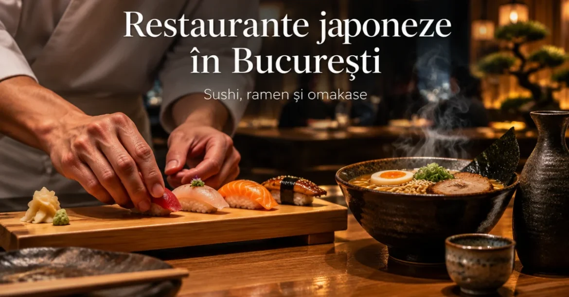 Bucătar japonez care servește nigiri lângă un bol de ramen