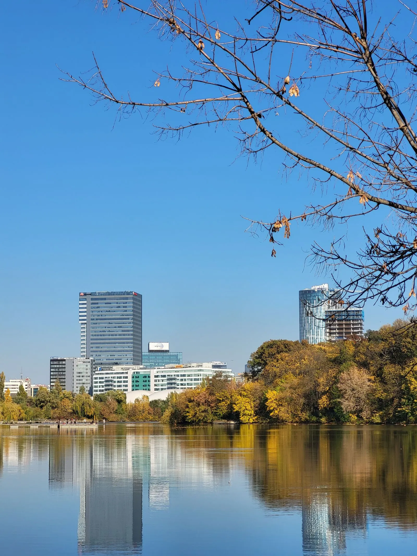 Lac din nordul Bucureștiului toamna, cu clădiri de birouri reflectate în apă