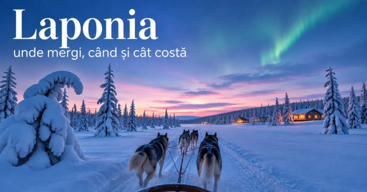 Sanie cu câini husky în Laponia, iarna, sub aurora boreală