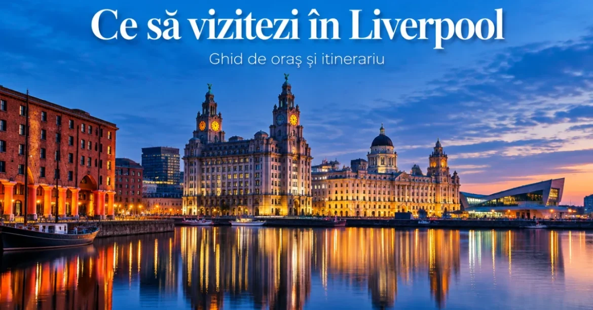 Clădirile Three Graces reflectate în râul Mersey seara, Liverpool