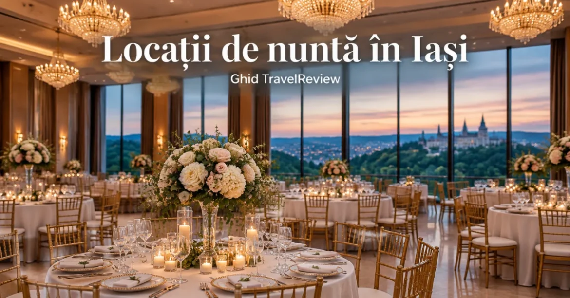 Sală de nuntă elegantă cu mese rotunde și flori albe, cu vedere spre dealurile Iașiului