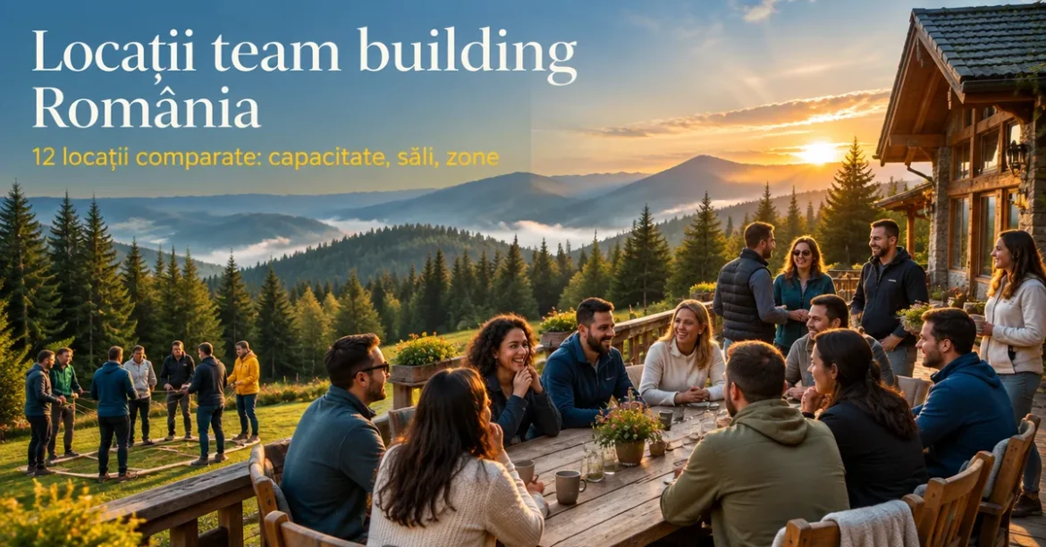 Echipă la team building pe terasa unei cabane la munte, cu titlul Locații team building România