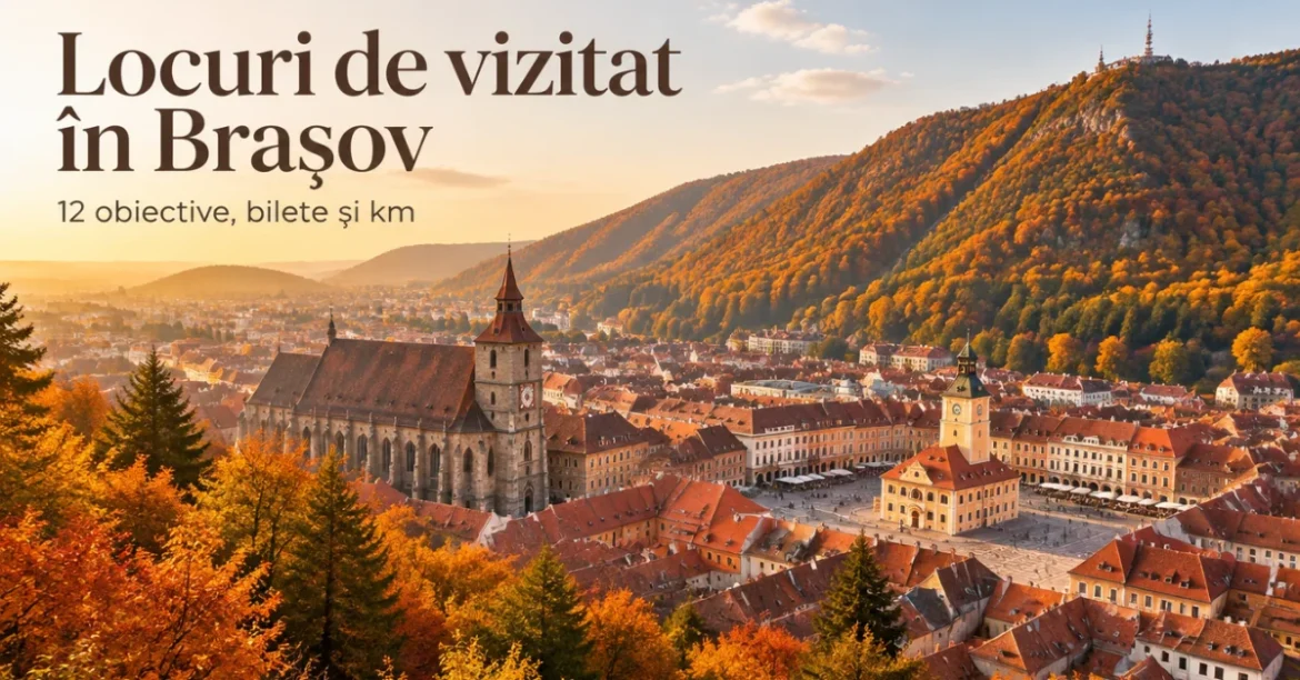 Centrul vechi al Brașovului cu Biserica Neagră, văzut de pe Tâmpa toamna