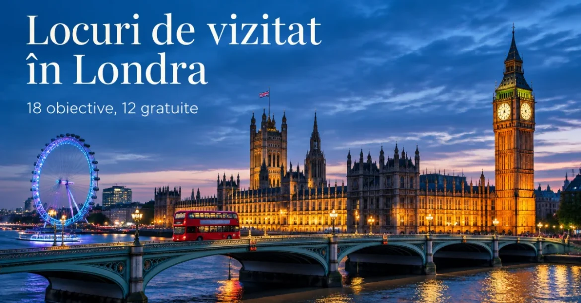 Parlamentul britanic, Big Ben și London Eye seara, cu autobuz roșu pe podul Westminster