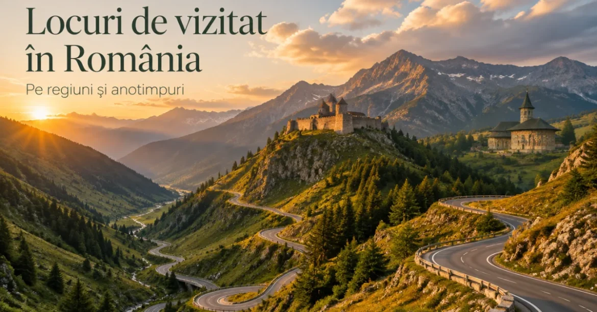 Drum de munte cu serpentine prin Carpați la apus, cu o cetate și o mănăstire pe dealuri