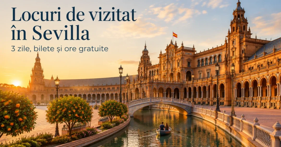 Plaza de España din Sevilla cu canalul și podurile la apus