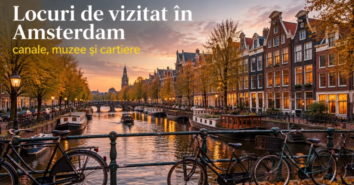 Locuri de vizitat în Amsterdam: canal cu case înguste și biciclete