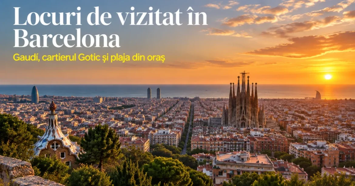 Locuri de vizitat în Barcelona: panorama orașului cu Sagrada Família la apus