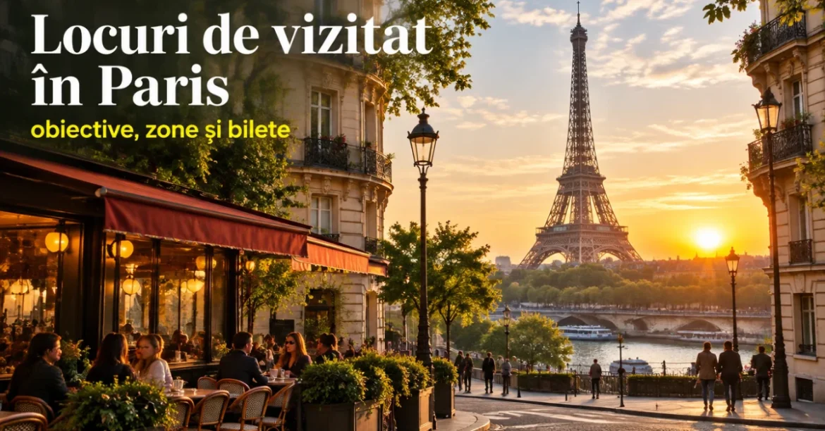 Locuri de vizitat în Paris: Turnul Eiffel văzut de pe o stradă cu cafenea