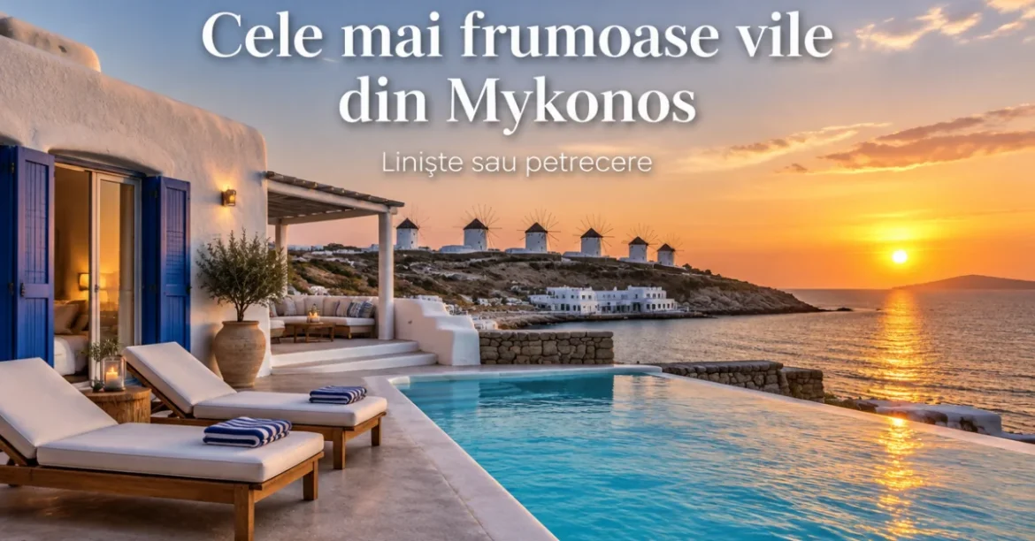 Vilă albă cu piscină și morile de vânt din Mykonos la apus
