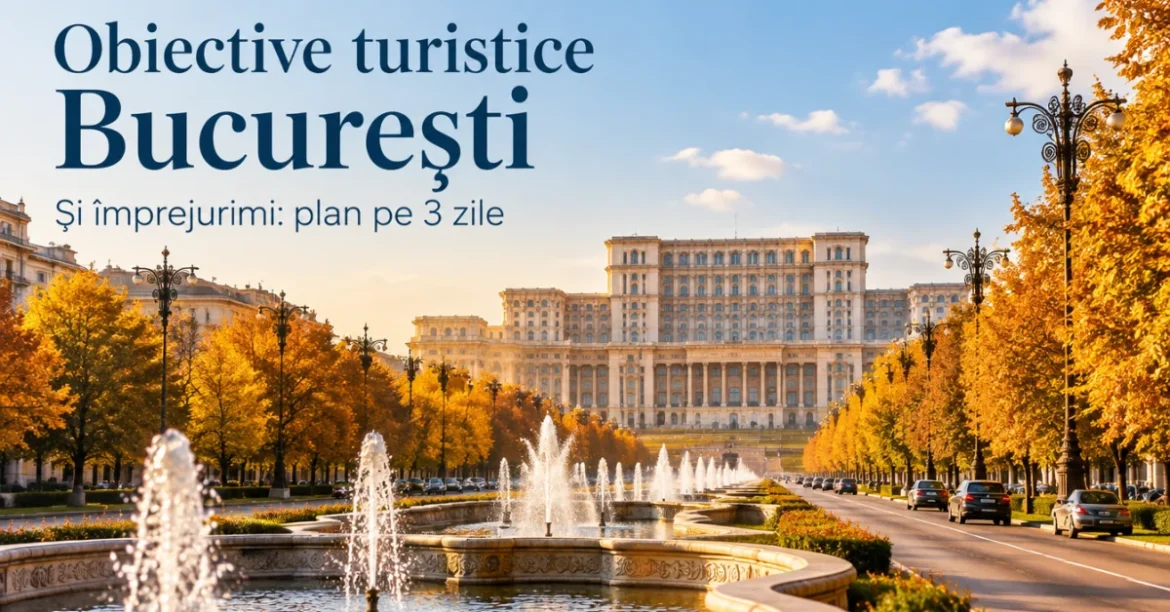 Palatul Parlamentului văzut de pe Bulevardul Unirii, cu fântâni și copaci de toamnă