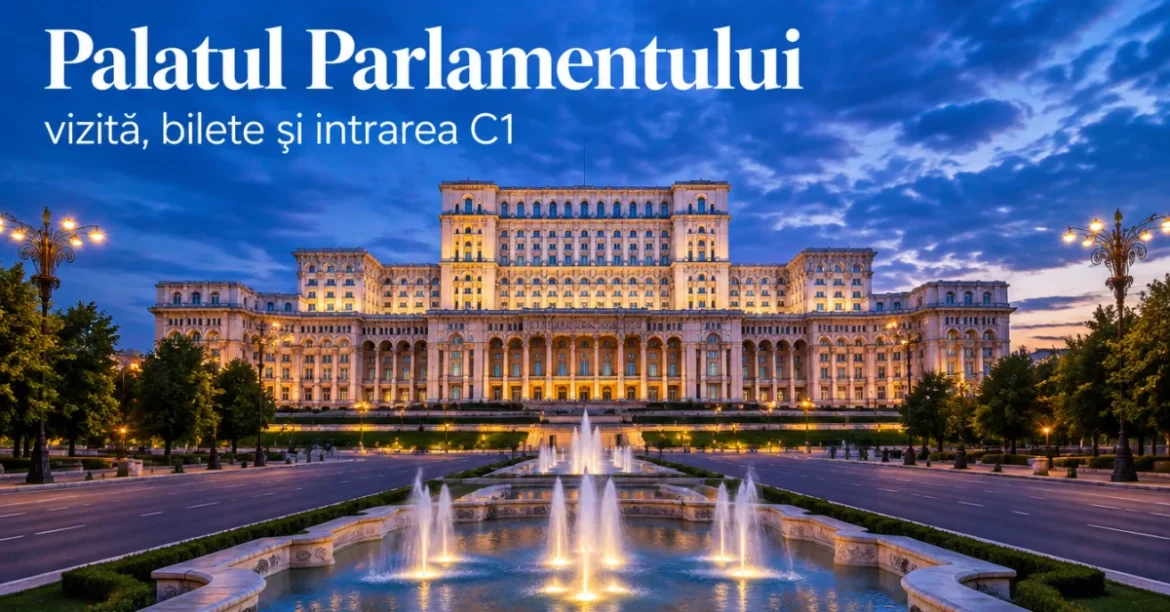 Palatul Parlamentului din București seara, cu fântânile din față