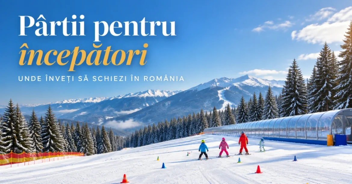 Pârtii pentru începători: copii la școala de schi pe o pârtie ușoară