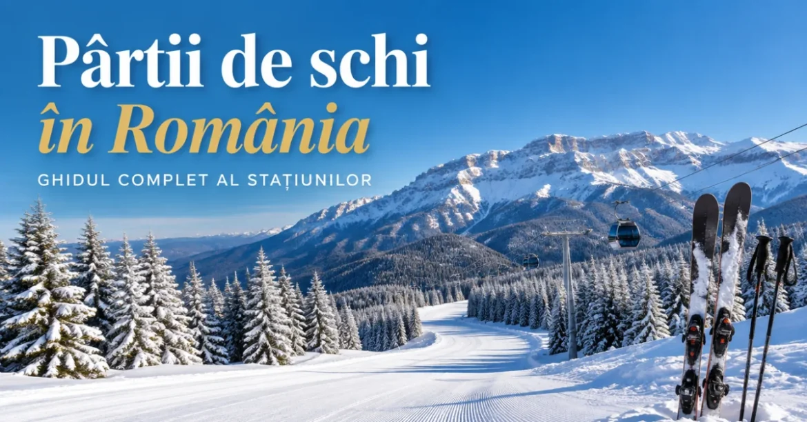 Pârtii de schi în România: pârtie bătută prin pădure de brazi, cu telegondolă și schiuri în zăpadă