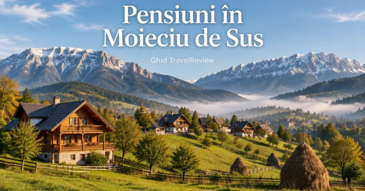 Pensiuni din lemn pe dealurile din Moieciu de Sus, cu munții în fundal
