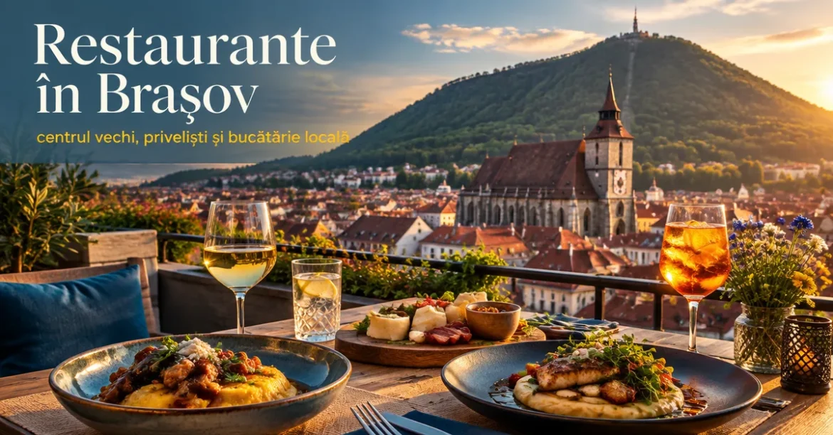 Terasă de restaurant cu vedere spre centrul vechi al Brașovului și Tâmpa, cu titlul Restaurante în Brașov