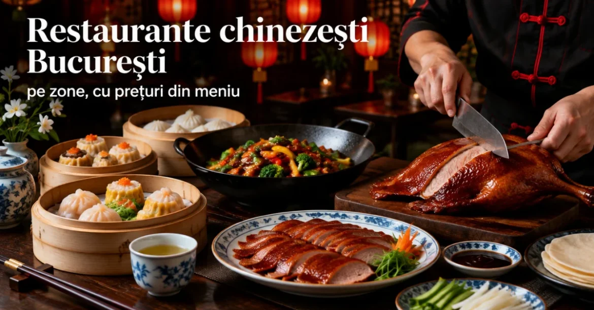 Rață Peking, dim sum și wok pe o masă de restaurant chinezesc
