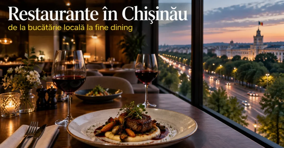 Restaurante în Chișinău: masă cu preparat și vin roșu, cu vedere spre un bulevard seara