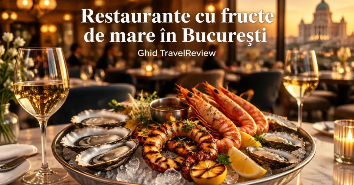 Platou cu stridii, creveți și caracatiță la grătar într-un restaurant cu fructe de mare din București