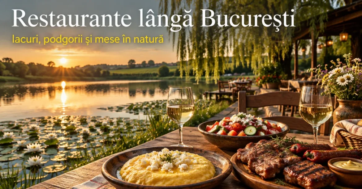 Restaurante lângă București: masă cu mămăligă și grătar pe o terasă lângă lac