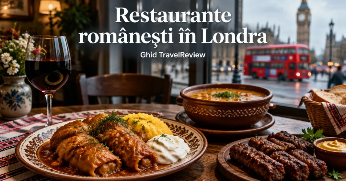 Sarmale cu mămăligă, mici și ciorbă pe o masă de restaurant românesc din Londra